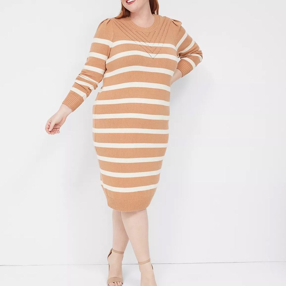 LANE BRYANT - Long Puff-Sleeve Striped Sweater Dress